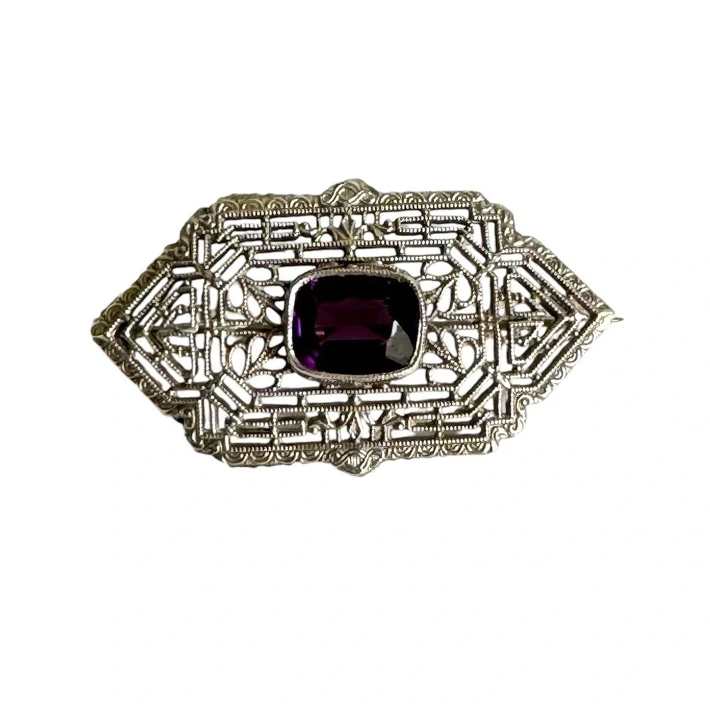 Art Deco 10K White Gold Brooch Filigree Amethyst Pin Ornate Victorian Vintage‎
